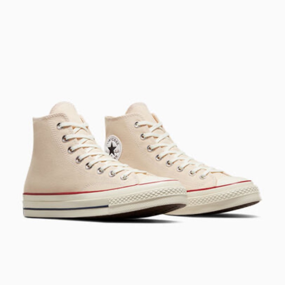 Converse High Top Sneakers in Cream with Red and Blue Accent